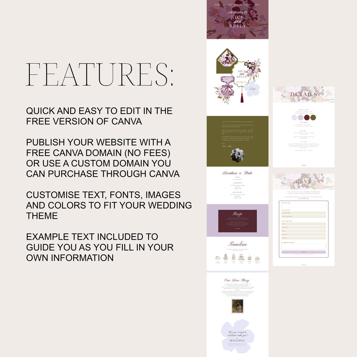 Purple Green Floral Wedding Website Template | Editable Canva Template with RSVP