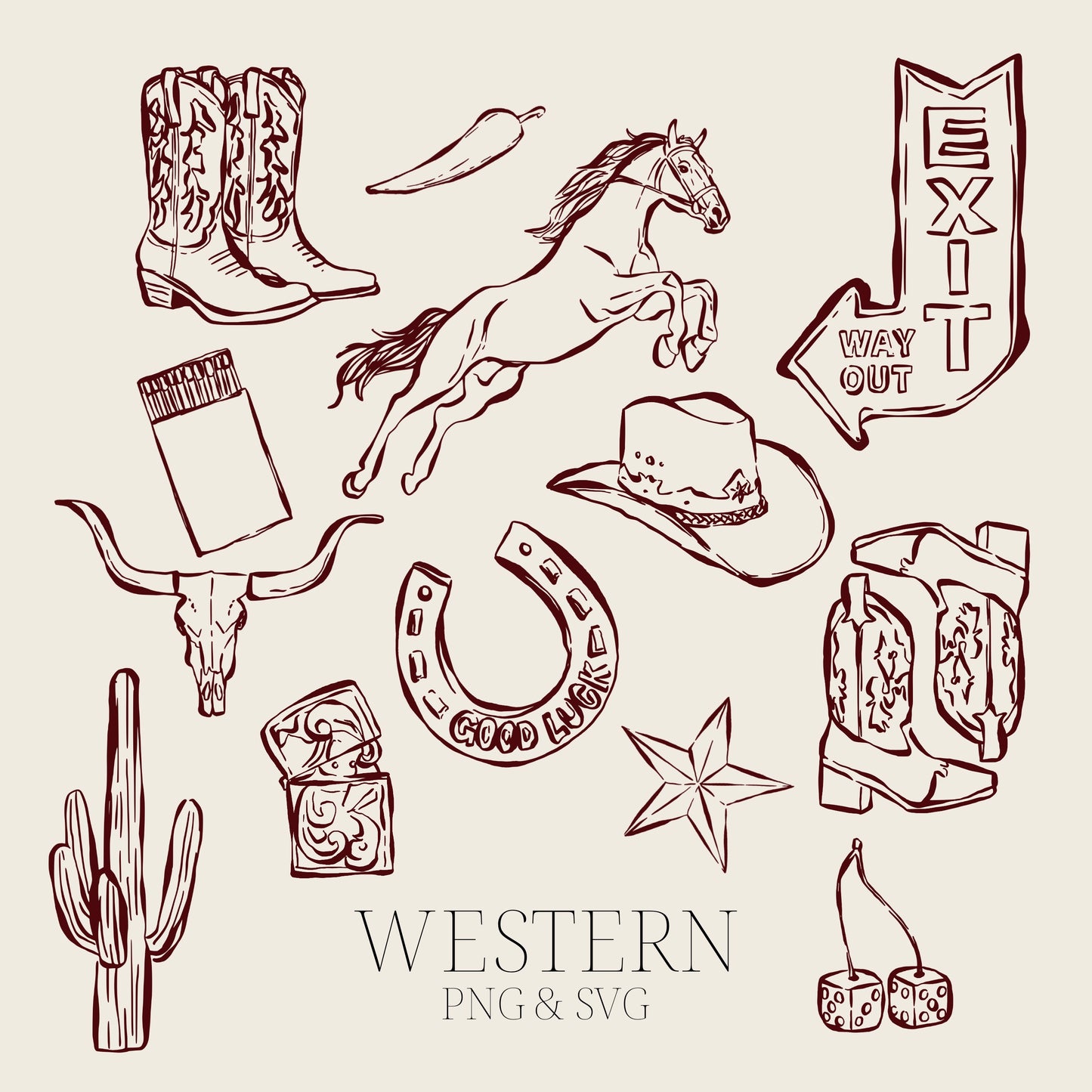 Hand Drawn Cowboy Clipart Set, Western PNG SVG