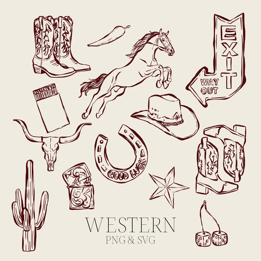 Hand Drawn Cowboy Clipart Set, Western PNG SVG