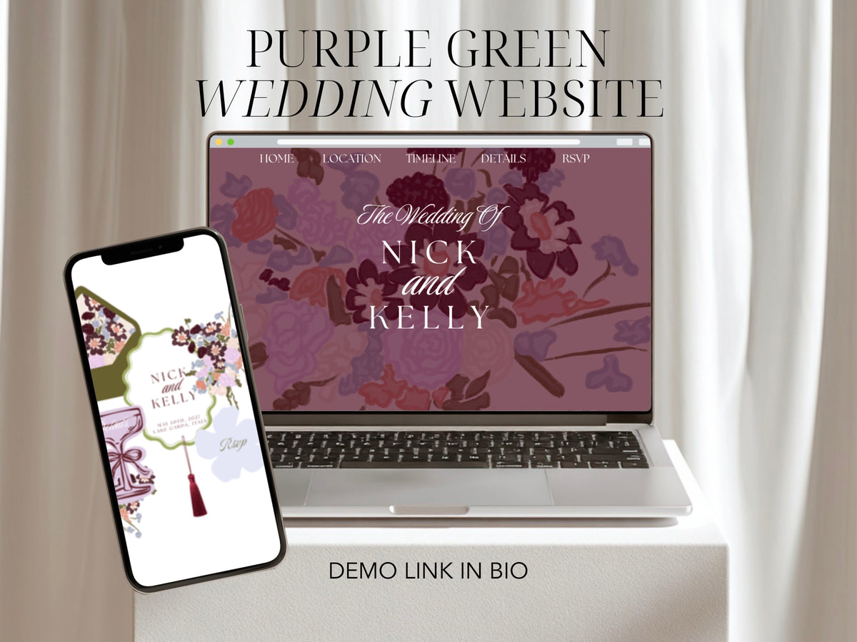 Purple Green Floral Wedding Website Template | Editable Canva Template with RSVP