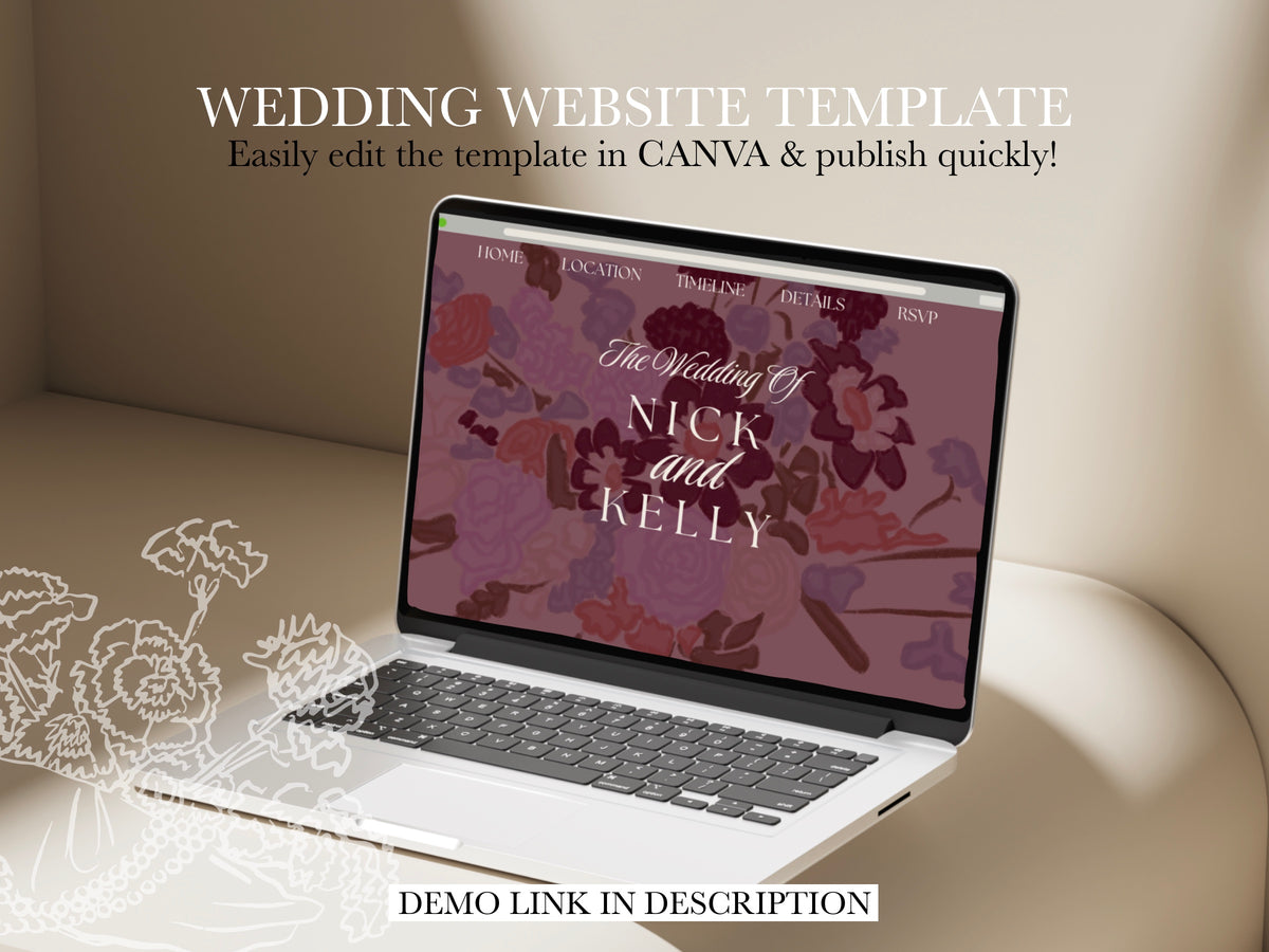 Purple Green Floral Wedding Website Template | Editable Canva Template with RSVP
