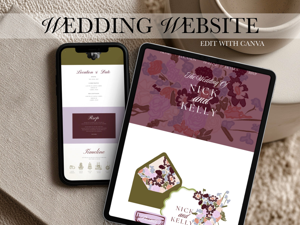 Purple Green Floral Wedding Website Template | Editable Canva Template with RSVP