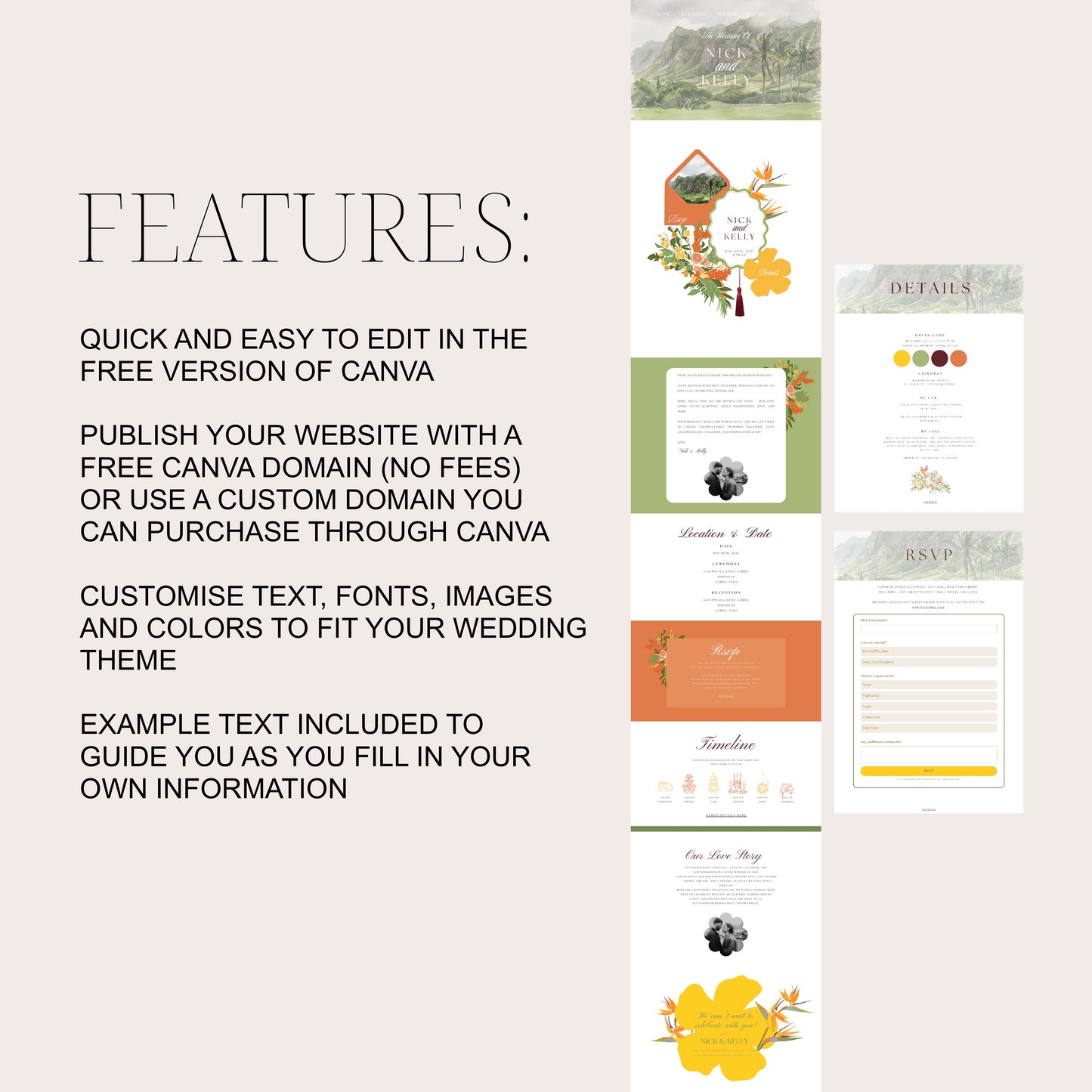 Tropical Hawaii Wedding Website Template | Editable Canva Template with RSVP