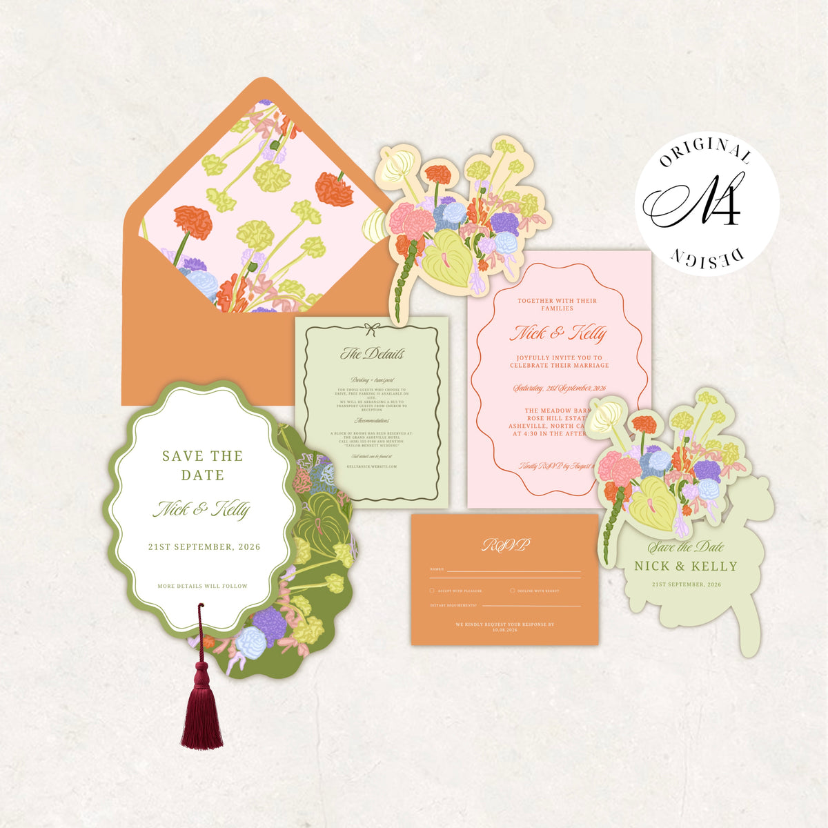 Orange Green Wedding Invitation Suite Canva Template