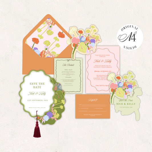 Orange Green Wedding Invitation Suite Canva Template