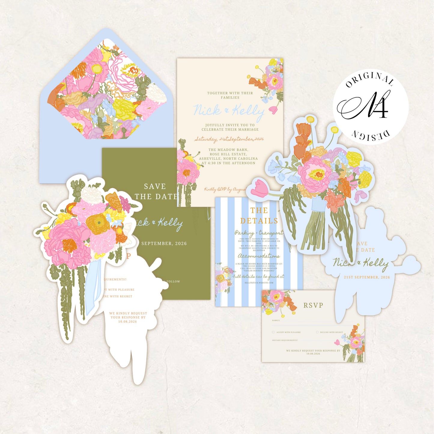 Blue Green Floral Wedding Invitation Suite Canva Templatel