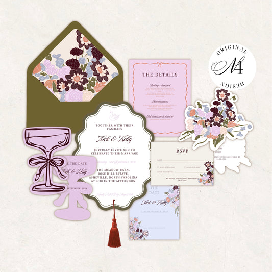 Purple Green Wedding Invitation Suite Canva Template