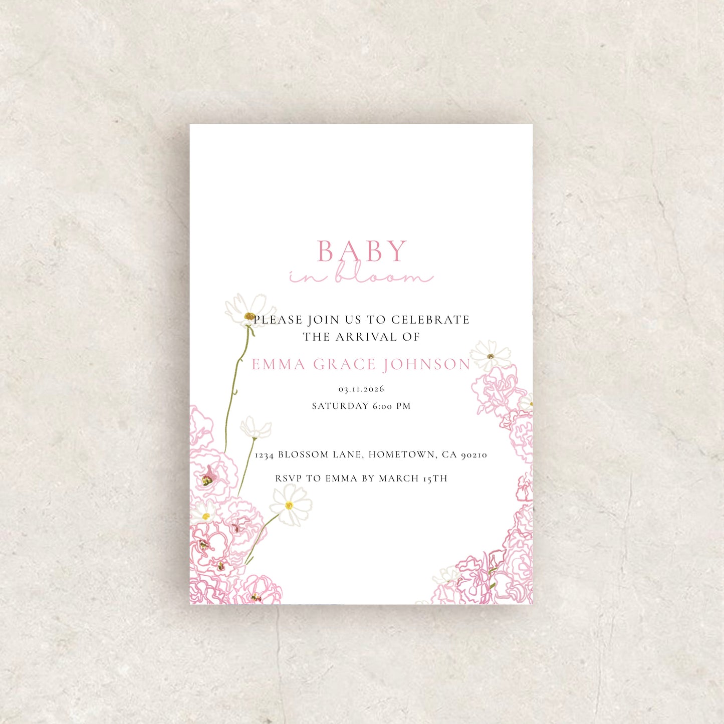 Pink Baby in Bloom Invitation | Babyshower Canva Template