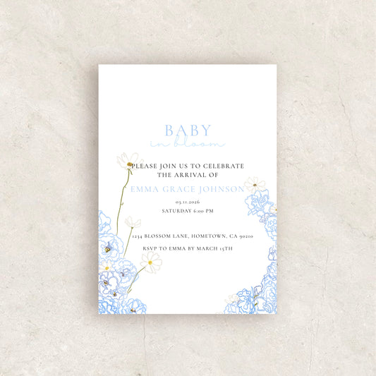 Blue Baby in Bloom Invitation | Babyshower Canva Templatel