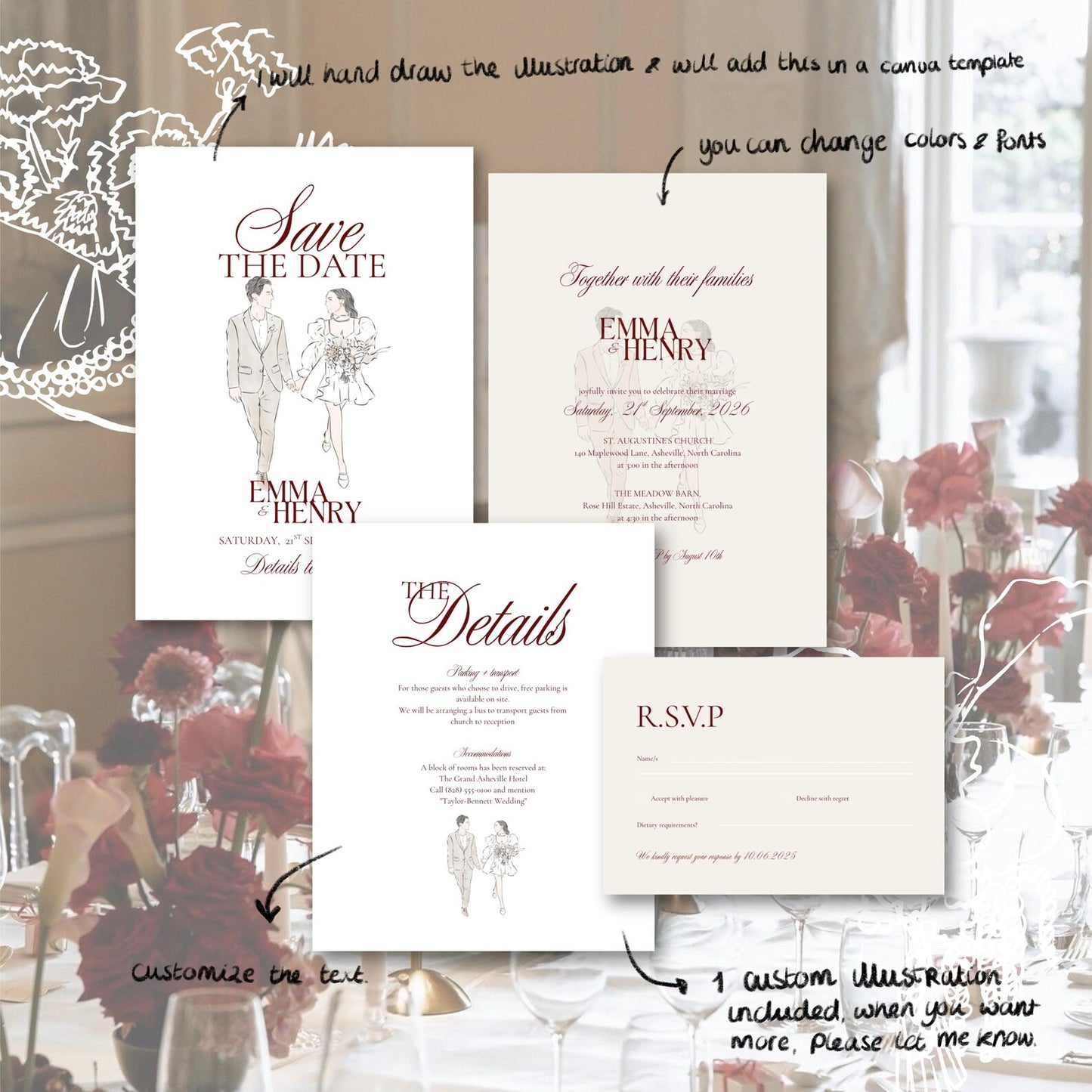 Custom Illustration Wedding Invitation Template - Printable Invitation Suite