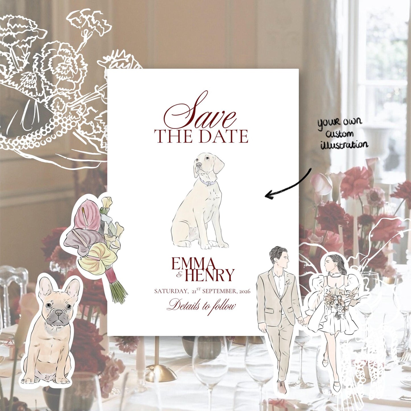 Custom Illustration Wedding Invitation Template - Printable Invitation Suite