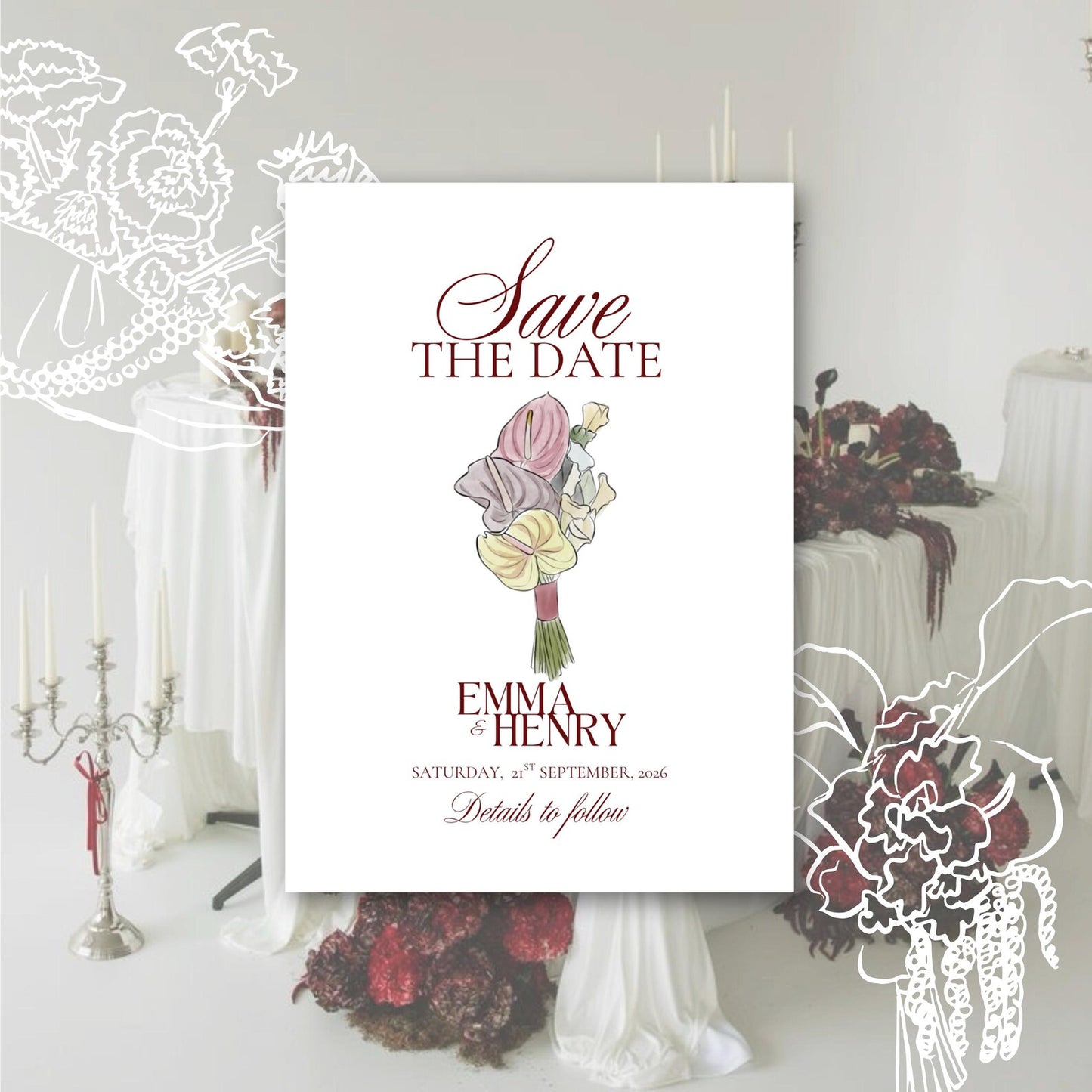 Custom Illustration Wedding Invitation Template - Printable Invitation Suite
