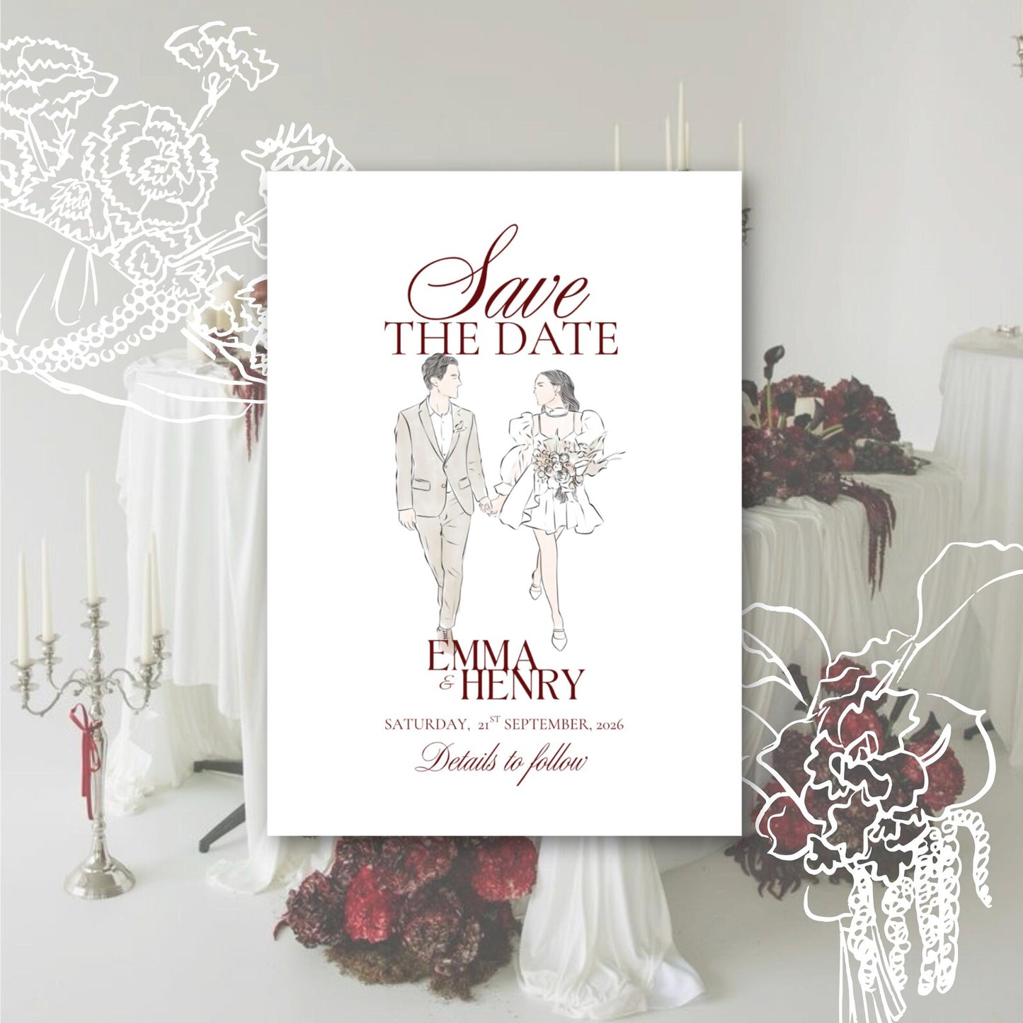 Custom Illustration Wedding Invitation Template - Printable Invitation Suite