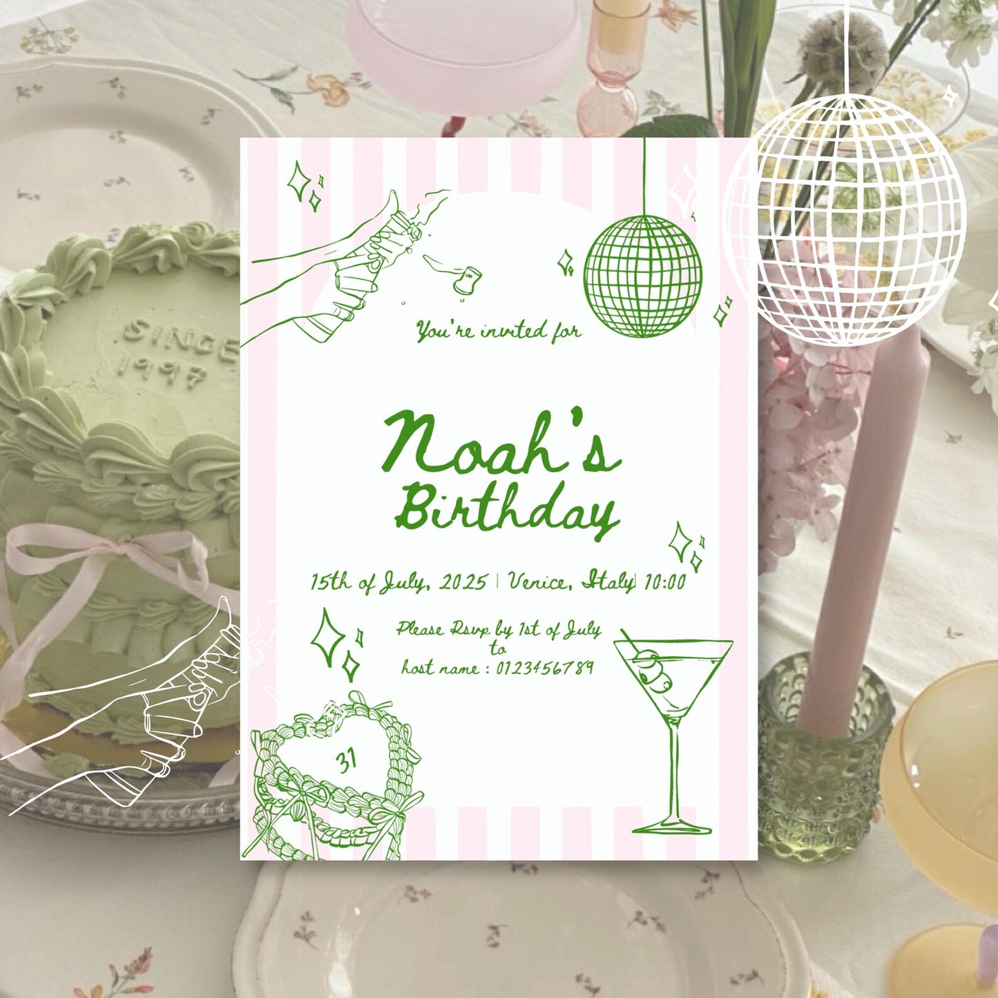 Hand Drawn Green & Pink Birthday Party Invitation