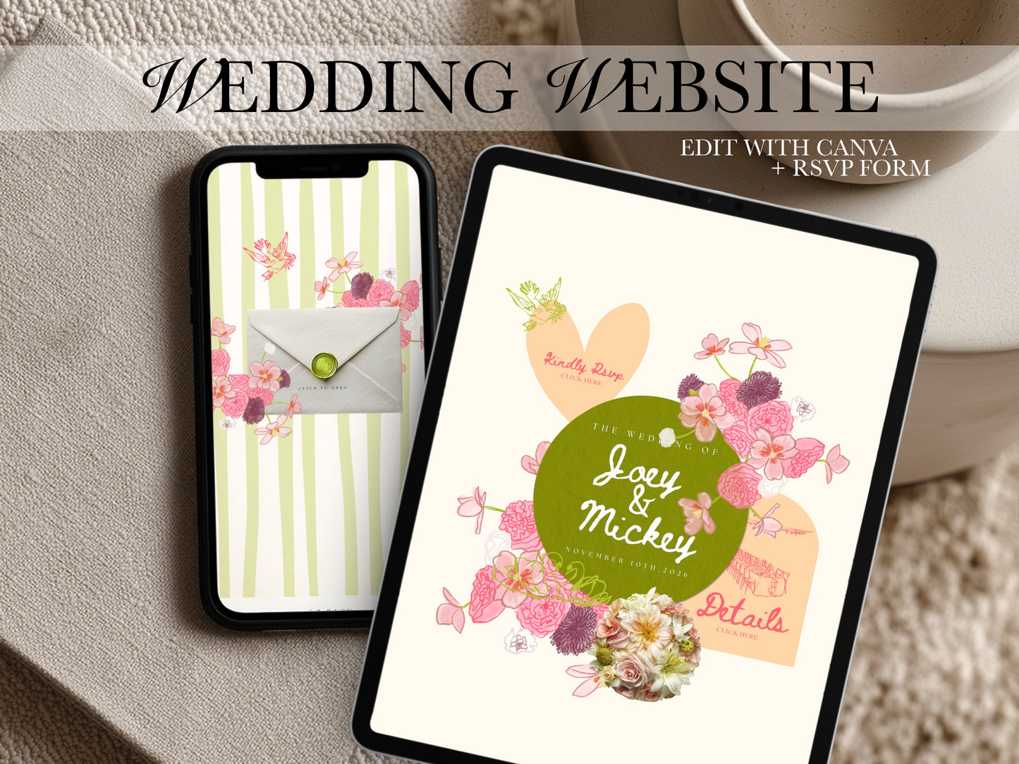 Pink & Green Canva Wedding Website Template with RSVP | Digital Wedding Invitation