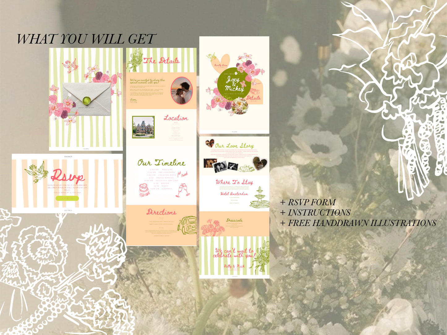 Pink & Green Canva Wedding Website Template with RSVP | Digital Wedding Invitation
