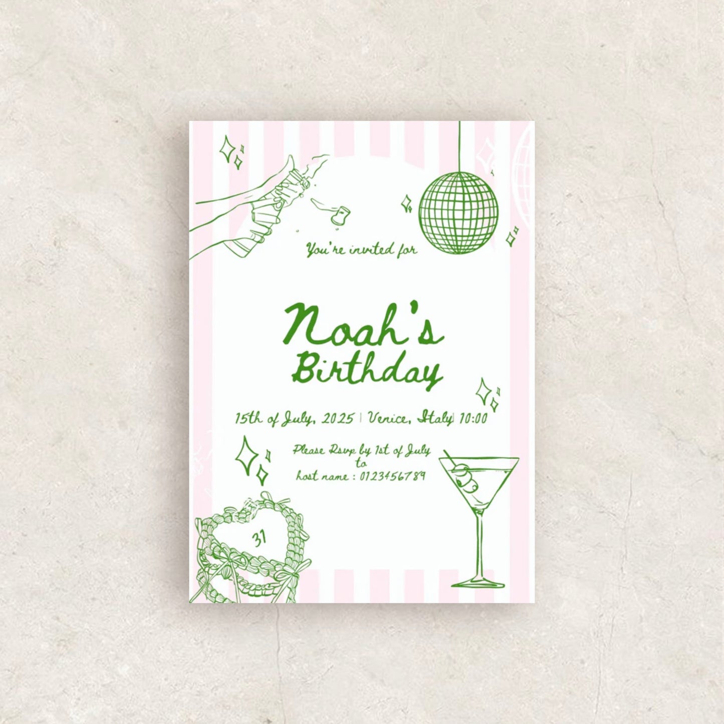 Hand Drawn Green & Pink Birthday Party Invitation