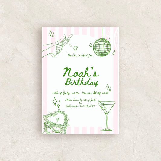 Hand Drawn Green & Pink Birthday Party Invitation