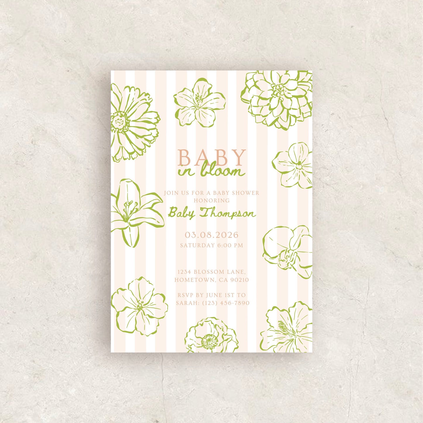 Hand Drawn Baby in Bloom Invitation | Babyshower Canva Template