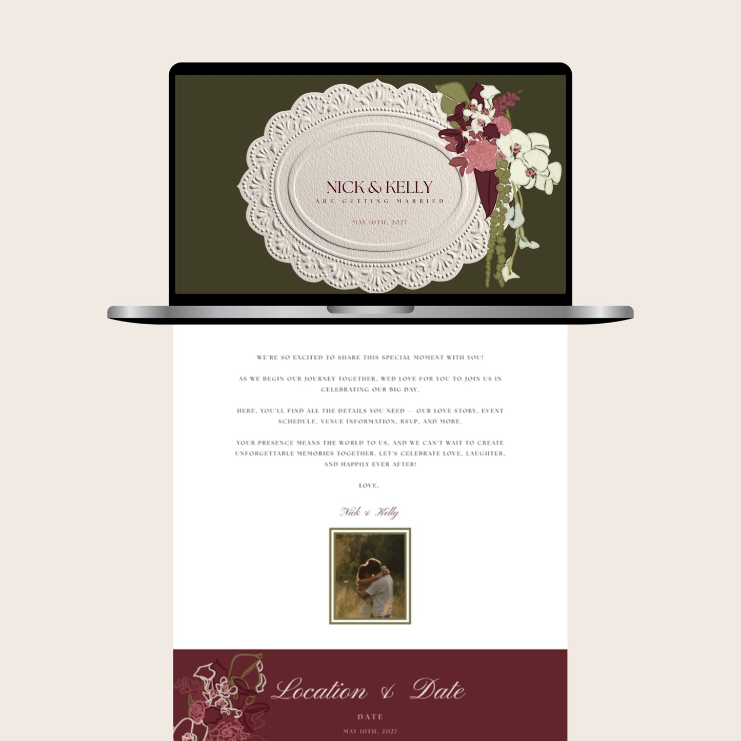 Burgundy & Green Canva Wedding Website Template | Digital Wedding Invitation