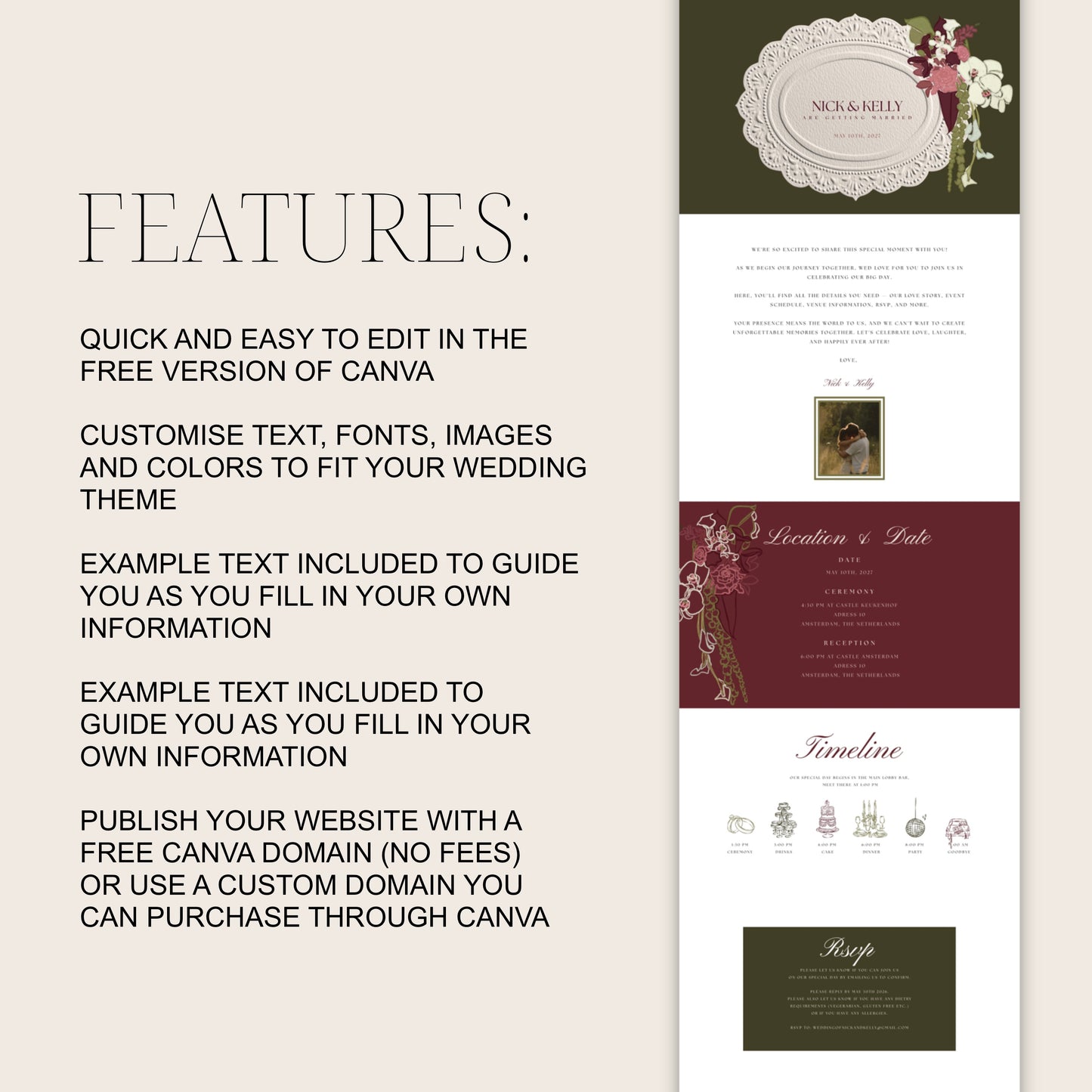 Burgundy & Green Canva Wedding Website Template | Digital Wedding Invitation