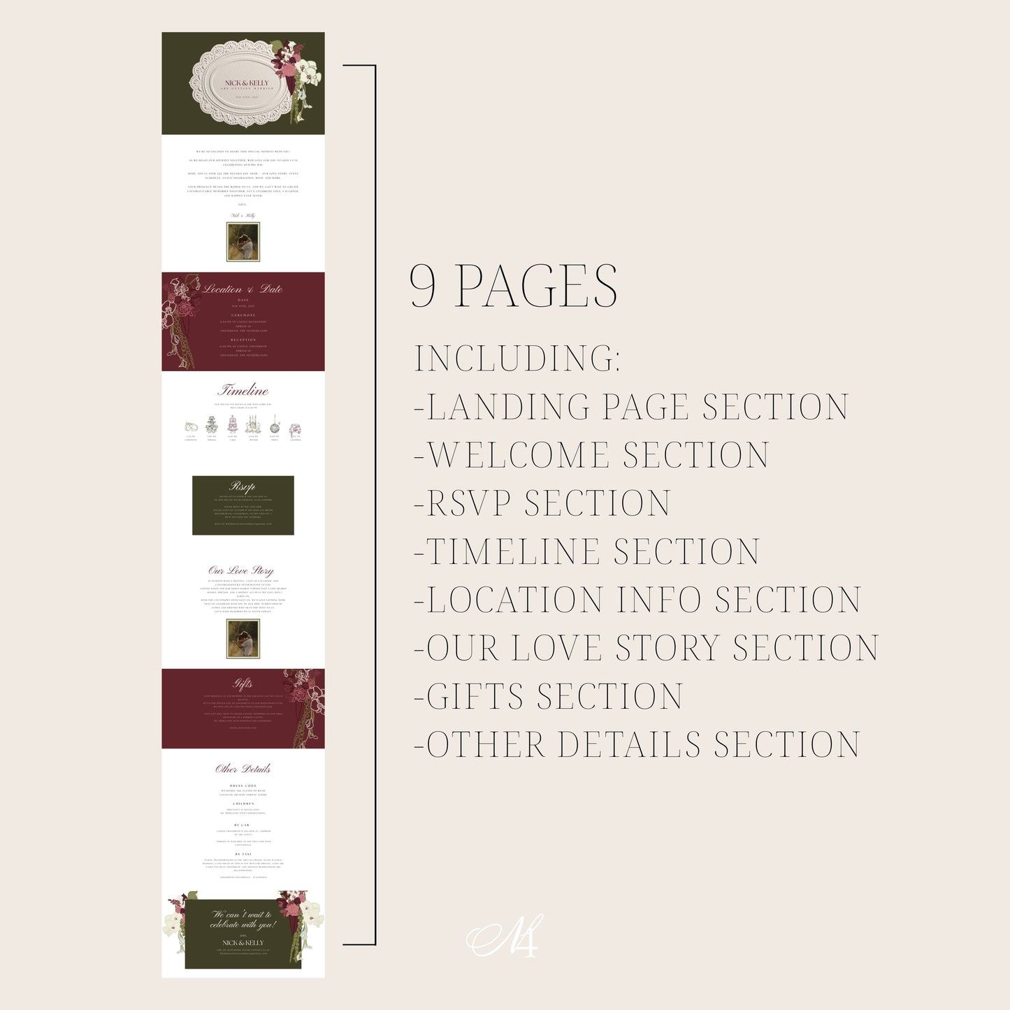 Burgundy & Green Canva Wedding Website Template | Digital Wedding Invitation