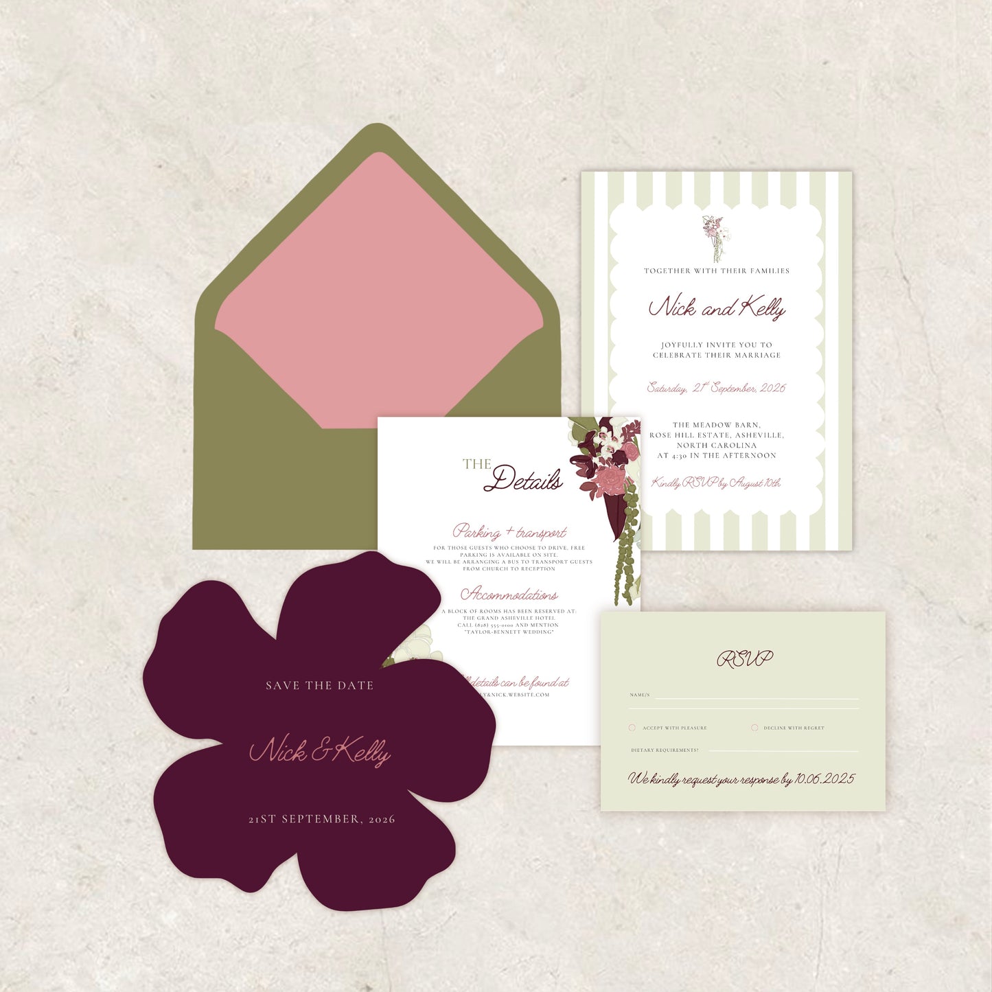 Burgundy Green Garden Wedding Invitation Suite Canva Template