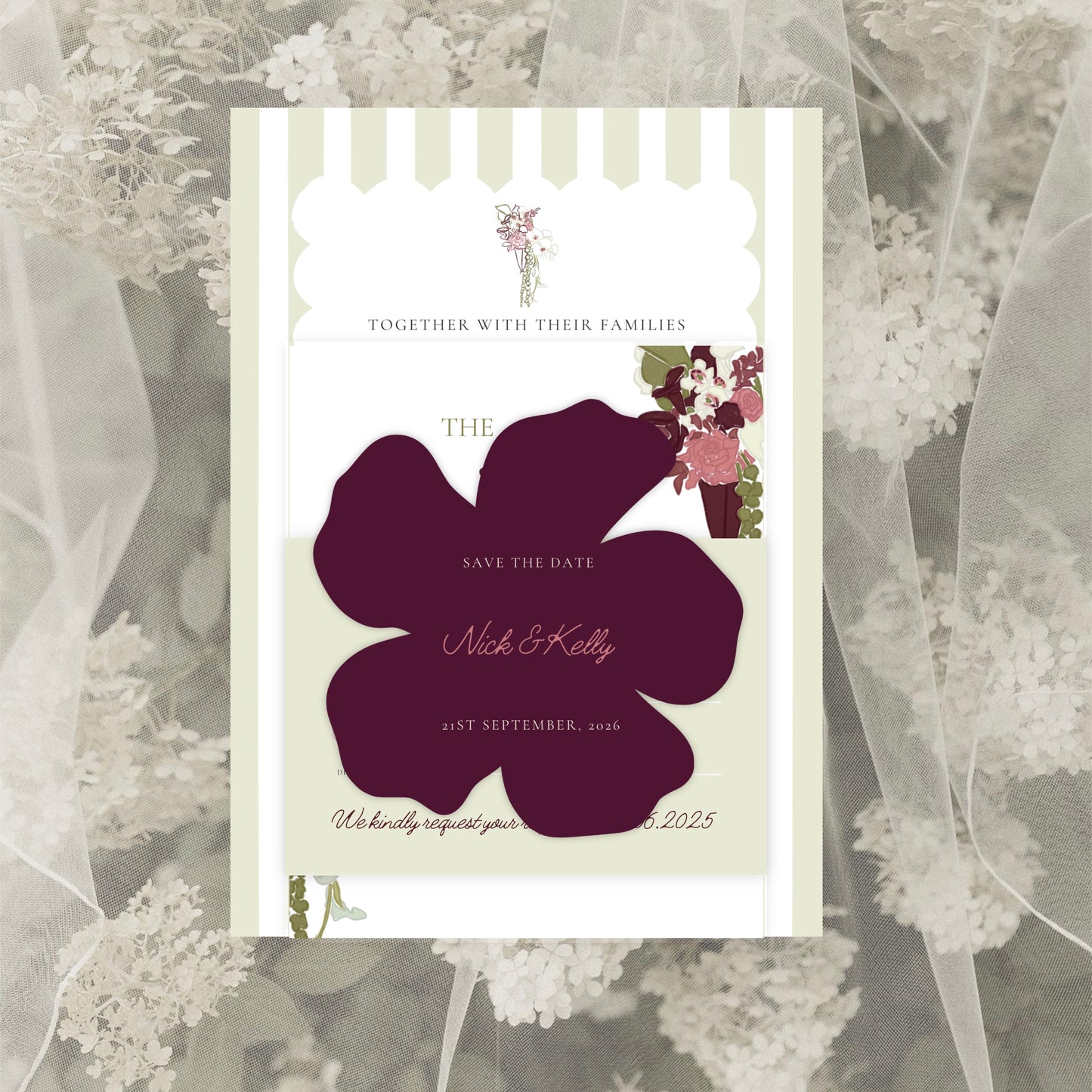 Burgundy Green Garden Wedding Invitation Suite Canva Template