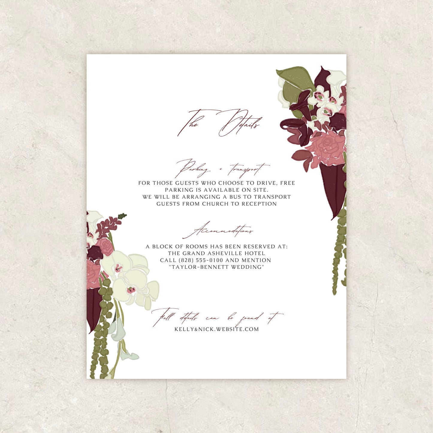 Burgundy Beige Garden Wedding Invitation Suite Canva Template
