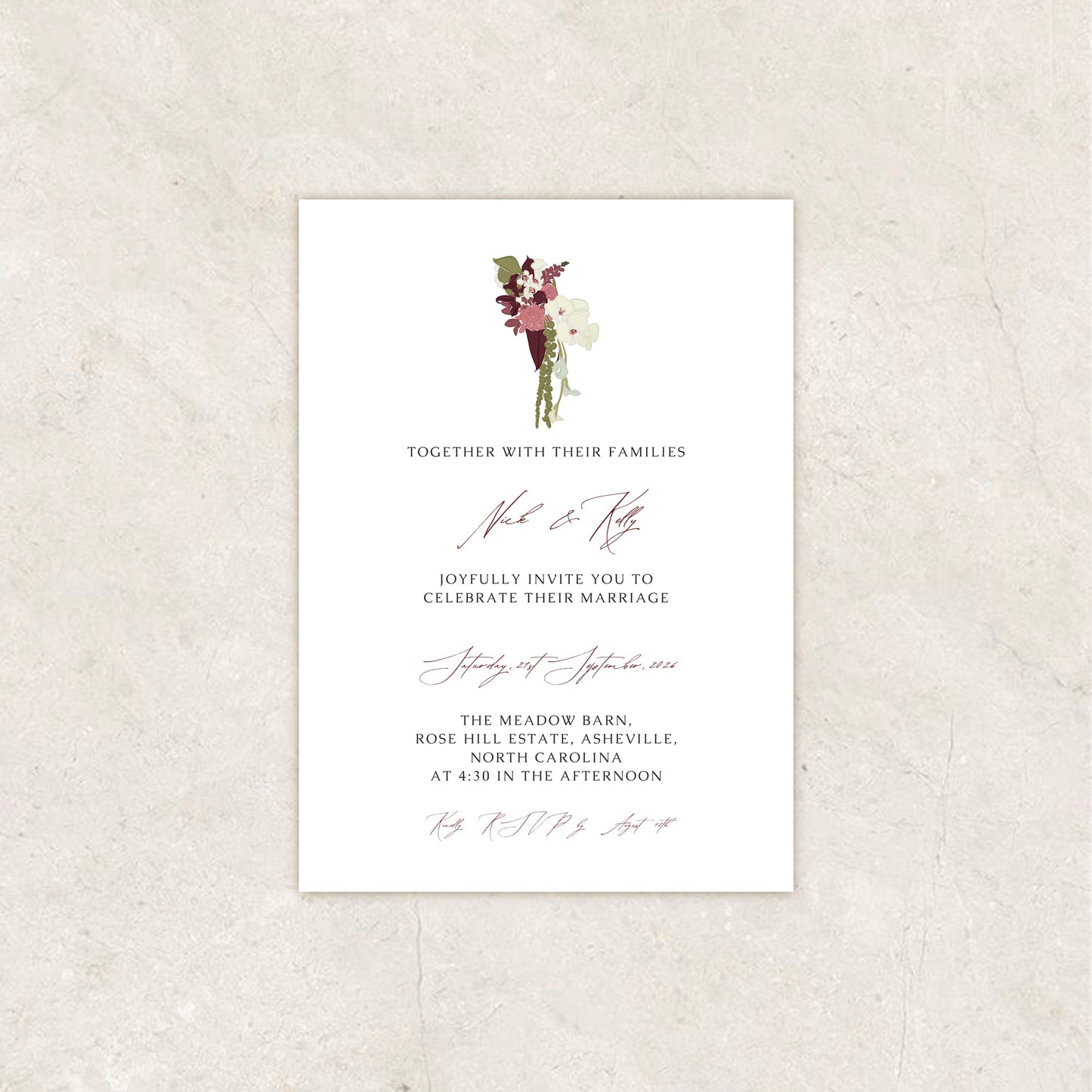 Burgundy Beige Garden Wedding Invitation Suite Canva Template