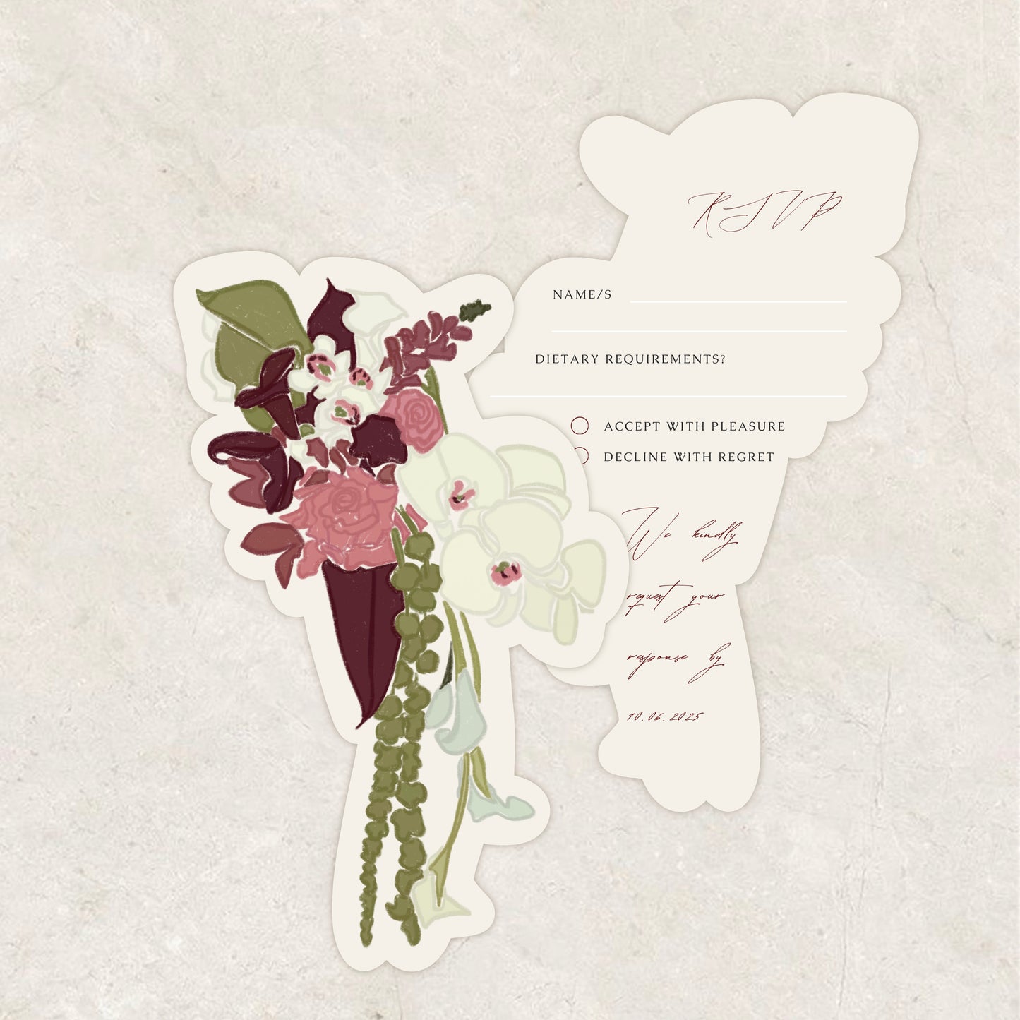 Burgundy Beige Garden Wedding Invitation Suite Canva Template
