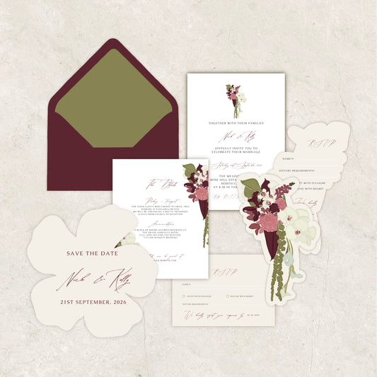 Burgundy Beige Garden Wedding Invitation Suite Canva Template