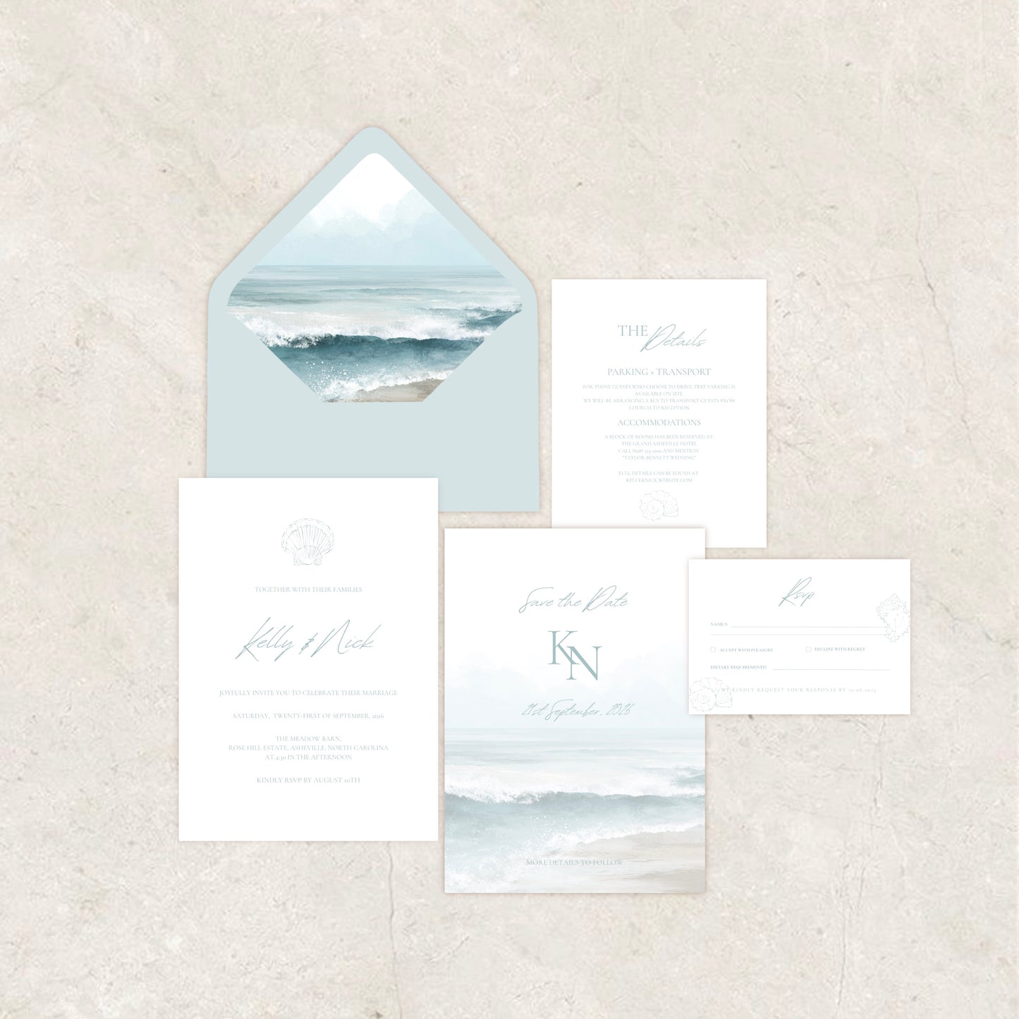 Beach Wedding Invitation Suite Canva Template