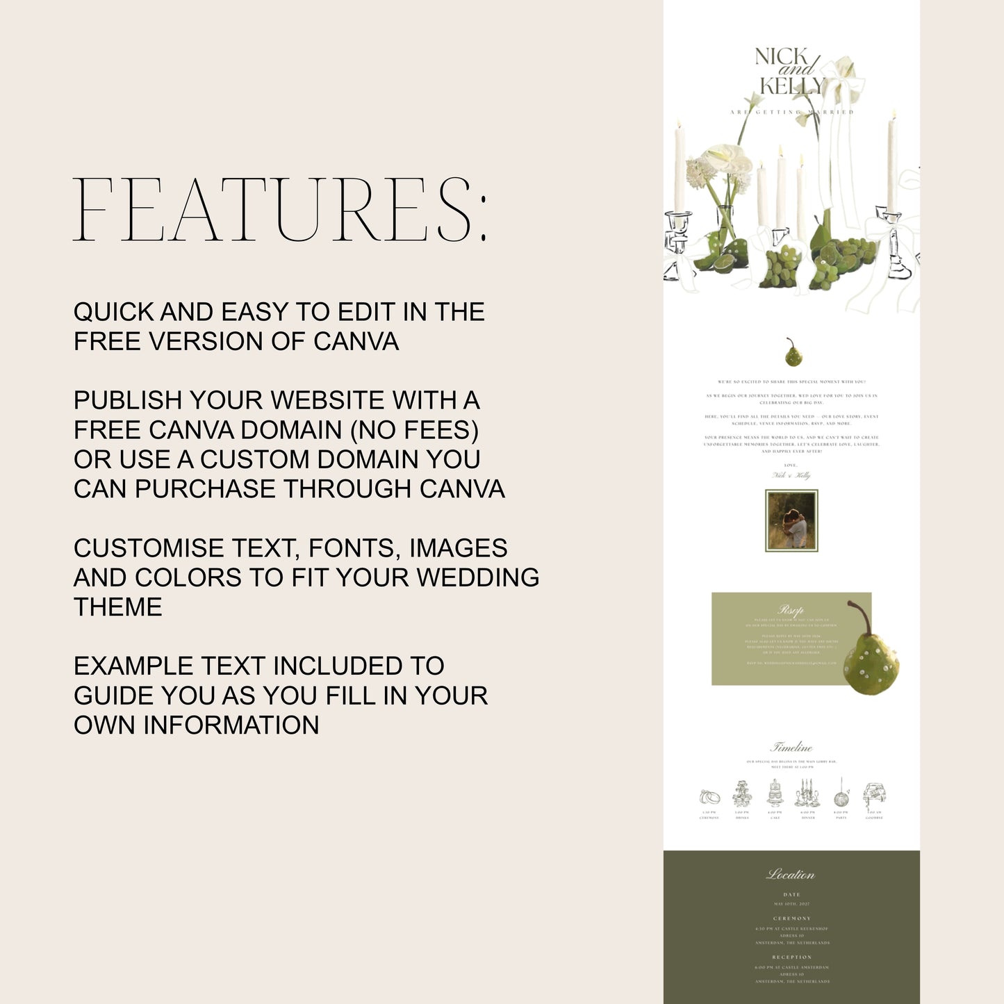 Pearls & Pears Canva Wedding Website Template | Digital Wedding Invitation (Kopie)