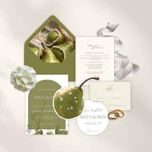 Pears & Pearls Wedding Invitation Suite Canva Template