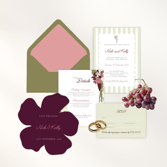 Burgundy Green Garden Wedding Invitation Suite Canva Template